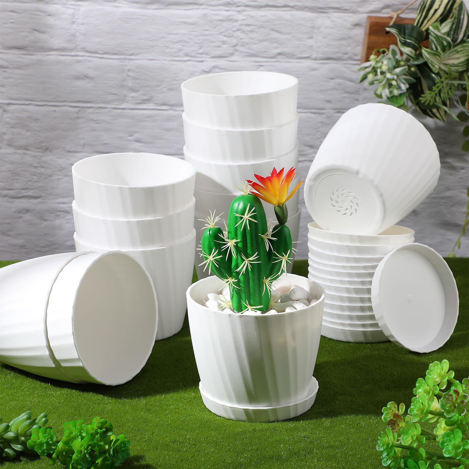30 Pcs 4.5 Inch White Plastic Plant Pots with Drainage Holes & Saucers